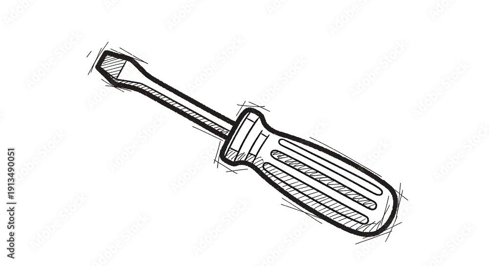 Fototapeta premium Hand-drawn sketch of a flathead screwdriver on white background