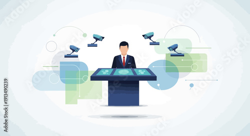 Surveillance And Security Concept Illustration Of A Man At A Podium With Cameras