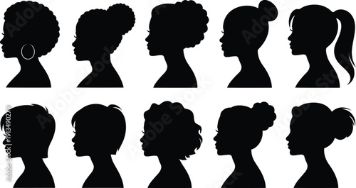 Black Silhouettes of Women with Different Hairstyles on White Background