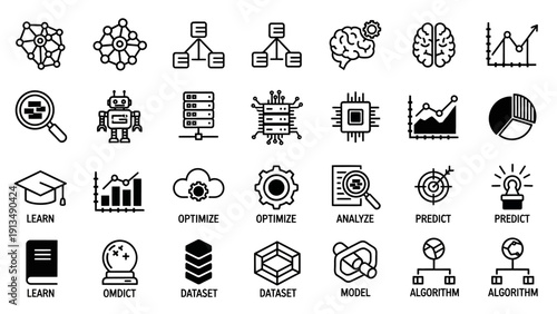 Artificial Intelligence and Machine Learning Icons Set.