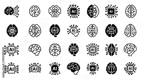 Artificial Intelligence Brain Icons Set Technology Concept.