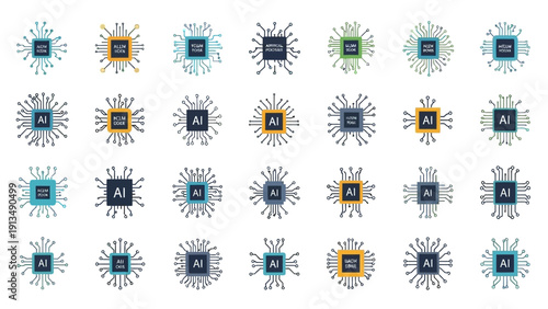 Artificial Intelligence Chip Icons Collection.