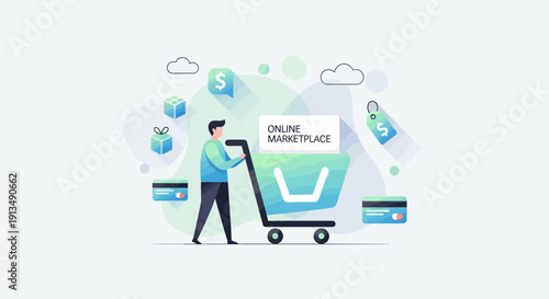 Online Shopping and E-commerce Concept with Shopping Cart and Customer Illustrations