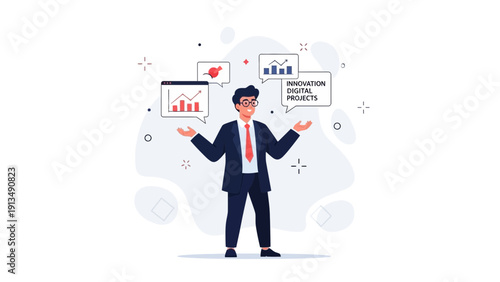 Businessman juggling digital projects and business growth charts