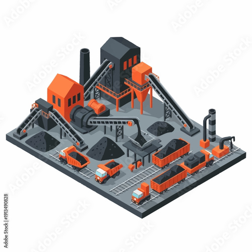 Industrial Factory Model with Trucks and Machinery.