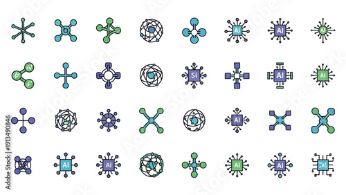 Abstract geometric shapes and symbols in various colors and designs.