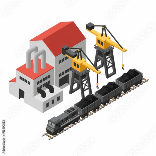 Industrial Factory with Crane and Train.