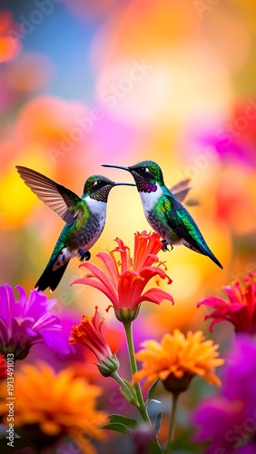 Two tiny birds in flight above colorful garden flowers