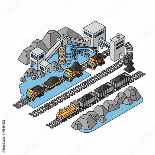 Industrial Mining Facility with Trains and Equipment.