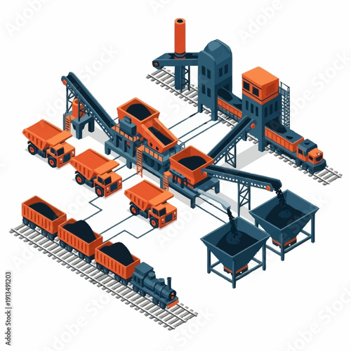 Isometric Coal Mining and Processing Plant with Trains and Trucks.