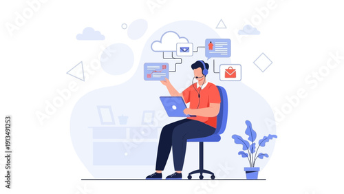 Remote Worker with Headset and Laptop, Online Communication and Cloud Services