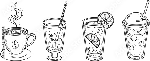 Hand-drawn outline set of various popular beverages: hot coffee, refreshing iced tea, zesty lemonade, and a cool blended frappe, perfect for cafes.