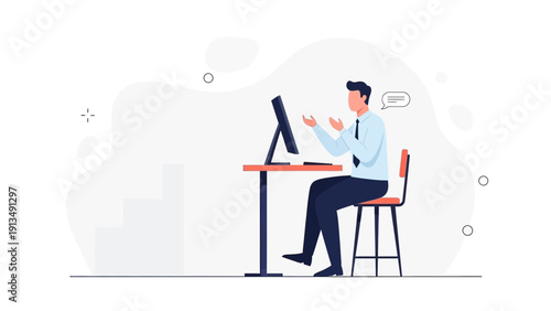 Businessman working at computer, communicating online with speech bubble