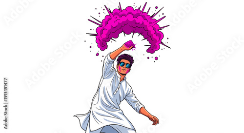 Stylish Man Throwing Pink Holi Powder in Air