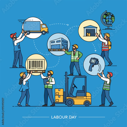Workers and industrial tools illustrated on blue, in a flat vector design style