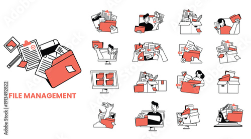 File management bundle with people organizing folders and documents. Business workflow, digital archive, cloud storage, data security, office productivity concepts.