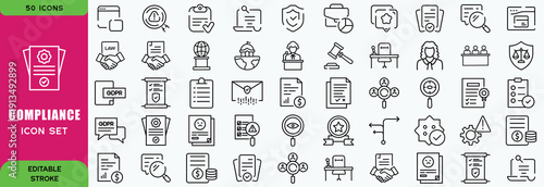  Compliance icon set. Containing ai law, ethics, liability, hallucination, watermark, audit, token cost and more. Solid vector icons collection