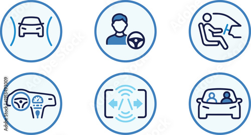 Vector icons depicting autonomous driving features including front collision warning, driver assist, adaptive cruise control, dashboard display, facial recognition, and passenger view