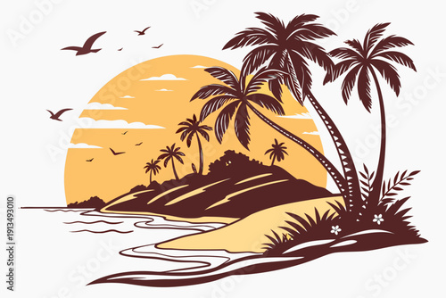 Tropical Island Palm Silhouette with Sunset Glow