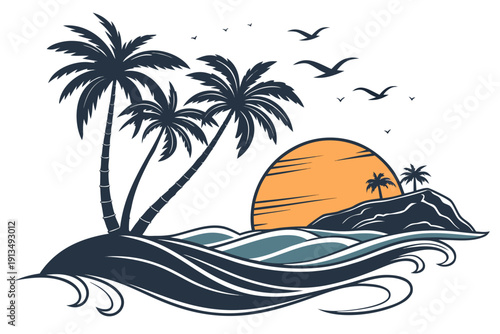 Tropical Island Palm Silhouette with Sunset Glow