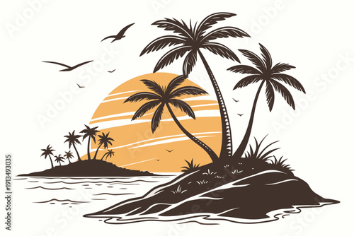 Tropical Island Palm Silhouette with Sunset Glow