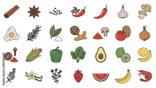 Assortment of Fresh Food Ingredients and Spices.