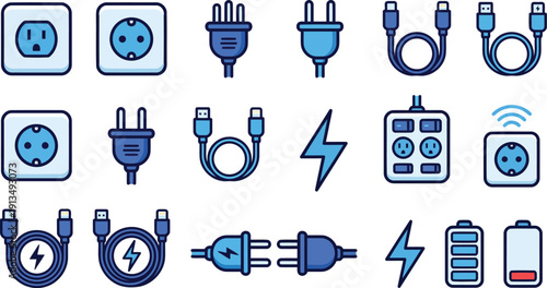 Vector set of blue electrical plugs, power outlets, USB cables, lightning bolts, and battery icons, isolated on transparent background for UI design.