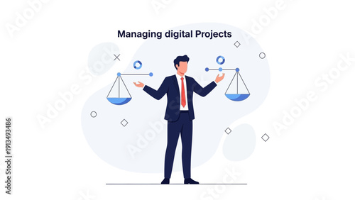 Businessman balancing digital projects on scales, project management concept