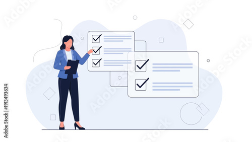 Businesswoman checking tasks on checklist, planning and organization concept