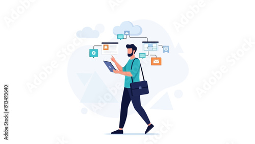 Man with tablet accessing cloud services and data flow