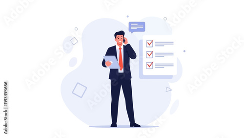 Businessman on phone with checklist and tablet, modern flat illustration