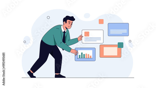 Businessman Arranging Business Charts and Information Modules