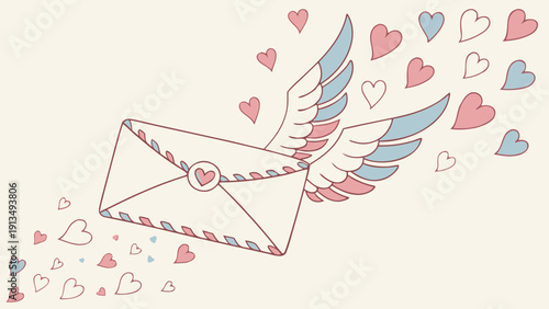 Delicate love letter envelope releasing flying hearts in pastel colors, conveying sweet messages of romance.