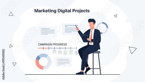 Businessman analyzing digital marketing campaign progress on dashboard with charts
