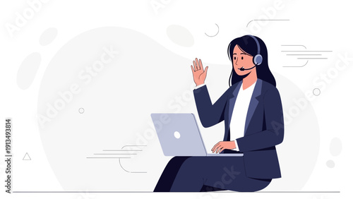 Friendly Customer Service Operator with Headset and Laptop Waving Hello