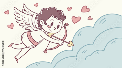 Cute cartoon cupid flying with bow and arrow in a playful, stylized manner, representing love and mischievous charm.