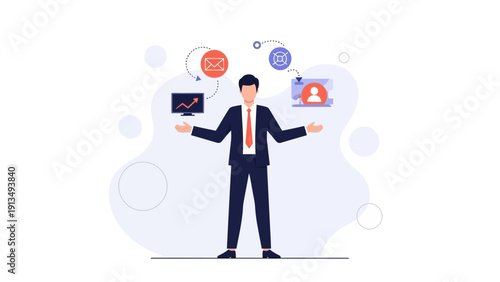 Businessman juggling tasks, digital icons, strategy, success, multitasking concept