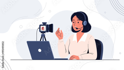 Woman Streaming Live Video Online with Camera and Laptop