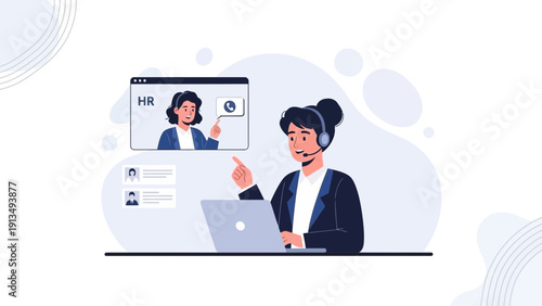 HR manager conducting online interview via video call on laptop, recruitment concept