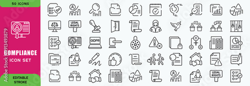  Compliance icon set. Containing ai law, ethics, liability, hallucination, watermark, audit, token cost and more. Solid vector icons collection