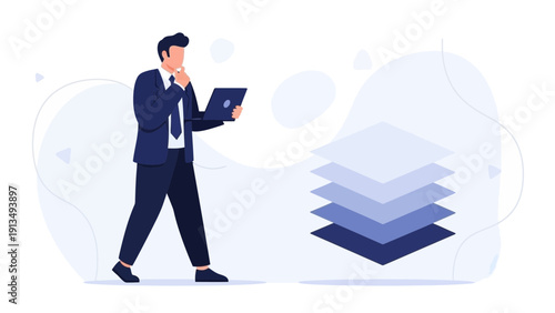 Businessman analyzing data layers on laptop with digital abstract background