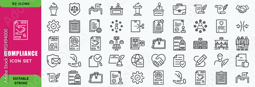  Compliance icon set. Containing ai law, ethics, liability, hallucination, watermark, audit, token cost and more. Solid vector icons collection