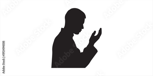 Muslim man praying silhouette pattern, Islamic religious vector illustration, making dua with hands raised, traditional worship concept, black design isolated on white background.