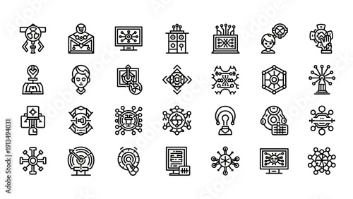 Collection of abstract technology and science icons in a grid layout.
