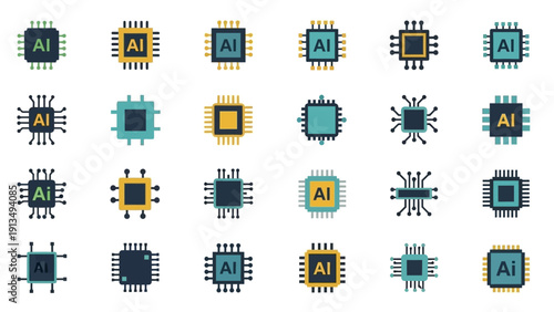 Collection of AI Microchip Icons for Technology and Computing.