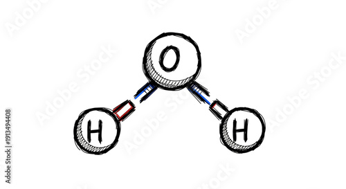 A simple, hand-drawn illustration of a water molecule, showing one oxygen atom bonded to two hydrogen atoms.