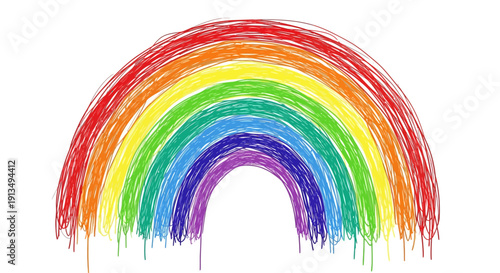 A vibrant, hand-drawn rainbow with textured lines and colorful drips, set against a clean white background.