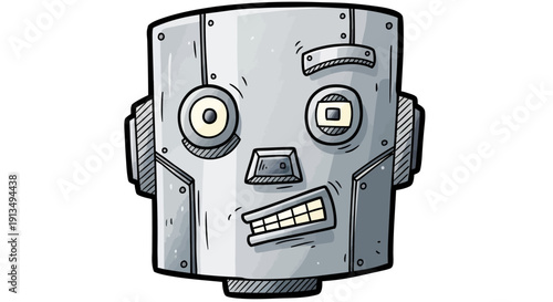 Cartoon illustration of a bewildered grey metal robot head with mismatched eyes and a crooked mouth, showing a quirky expression.