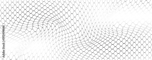 Fishing or soccer net. Repeated hexagon pattern. Black wired mesh texture isolated on white background. Metallic or fabric fence, cage or lattice structure. Vector graphic Illustration.