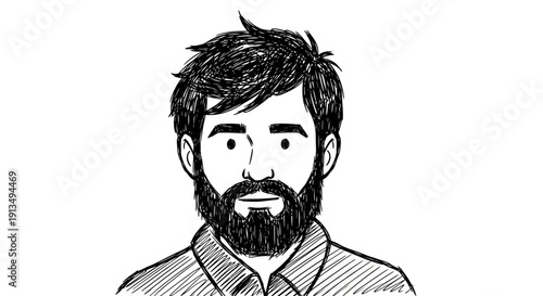 Black and white sketch of a man with a full beard and messy hair, looking directly forward with a neutral expression.
